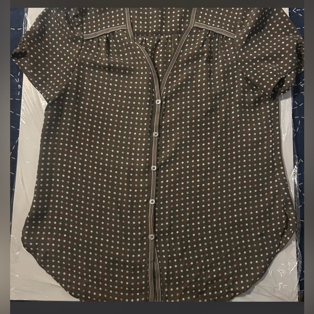 Max Studio Brown Polka Dot Top with White and Tan Dots